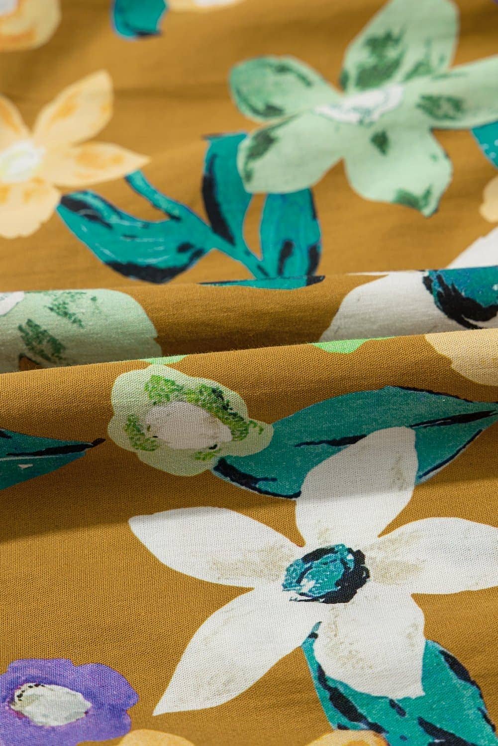 Yellow Floral Print Tiered Flutter Sleeve V Neck Top