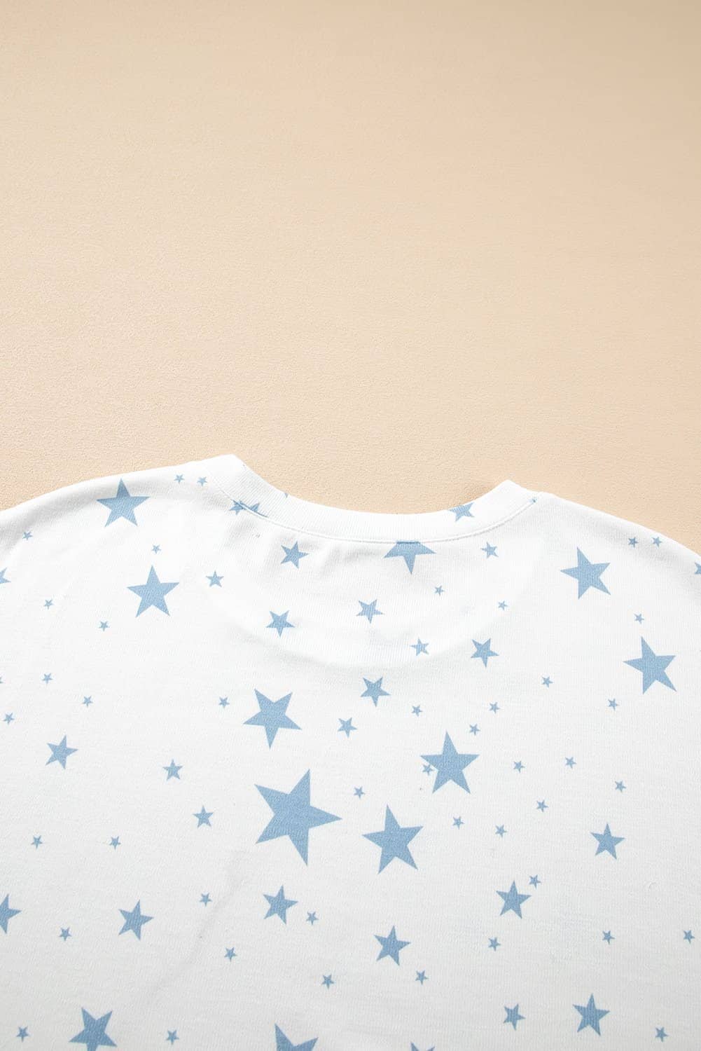 Sky Blue Stars Print Drop Shoulder Oversized T Shirt With Slits