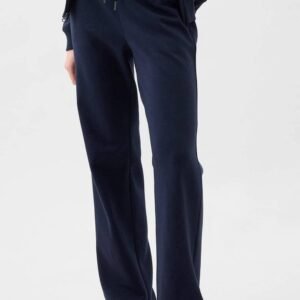 Navy Blue Solid Color Fleece Lined Drawstring Waist Casual Pants