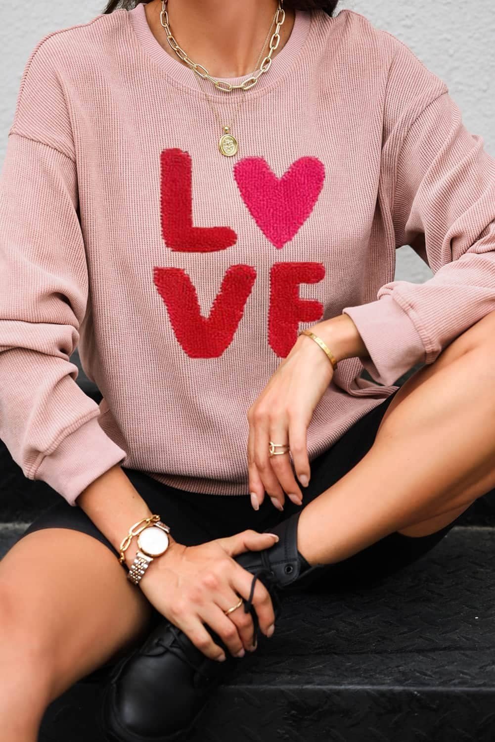 Pink Valentines Love Chenille Embroidered Corded Sweatshirt