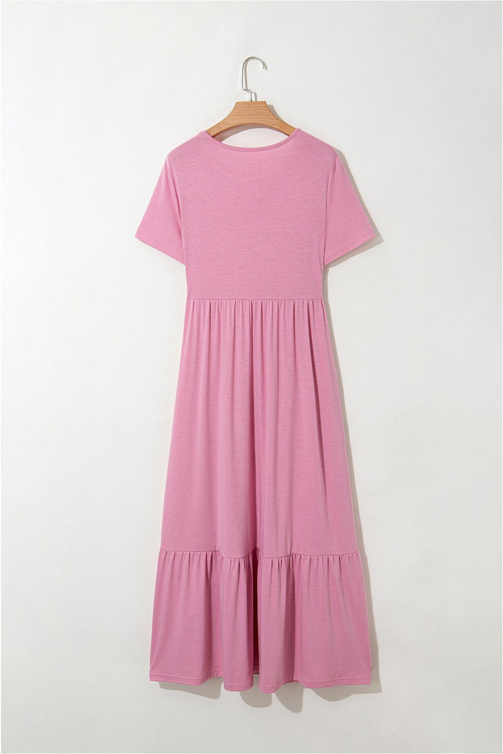 Pink Solid Color T-Shirt High Waist Pocketed Long Dress