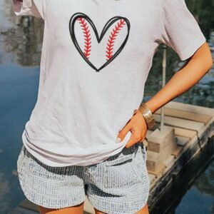 White Baseball Heart Shape Embroidery Graphic Tee