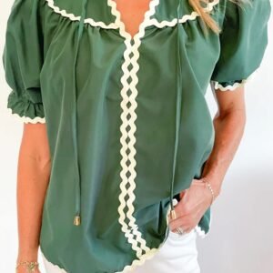 Mist Green Ric Rac Trim Tie Split Neck Short Sleeve Blouse