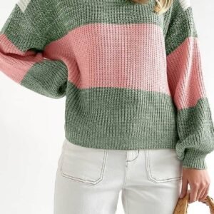 Green Colorblock Drop Shoulder Pullover Loose Sweater