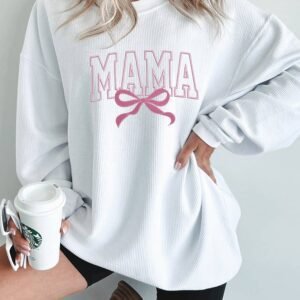 White Mama Bowknot Embroidered Ribbed Pullover Sweatshirt