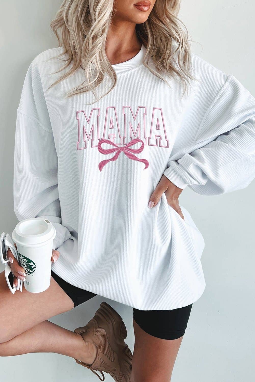 White Mama Bowknot Embroidered Ribbed Pullover Sweatshirt