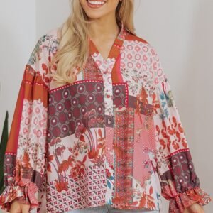 Red Boho Geometric Mixed Print Patchwork Bubble Sleeve Shirt