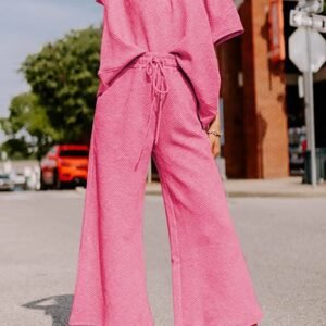 Strawberry Pink Textured Loose Fit T Shirt And Drawstring Pants Set