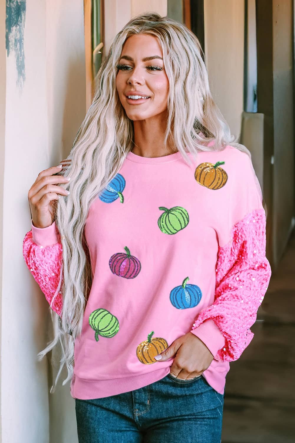 Pink Sequin Sleeve Pumpkin Pattern Thanksgiving Halloween Patchwork Pullover Top