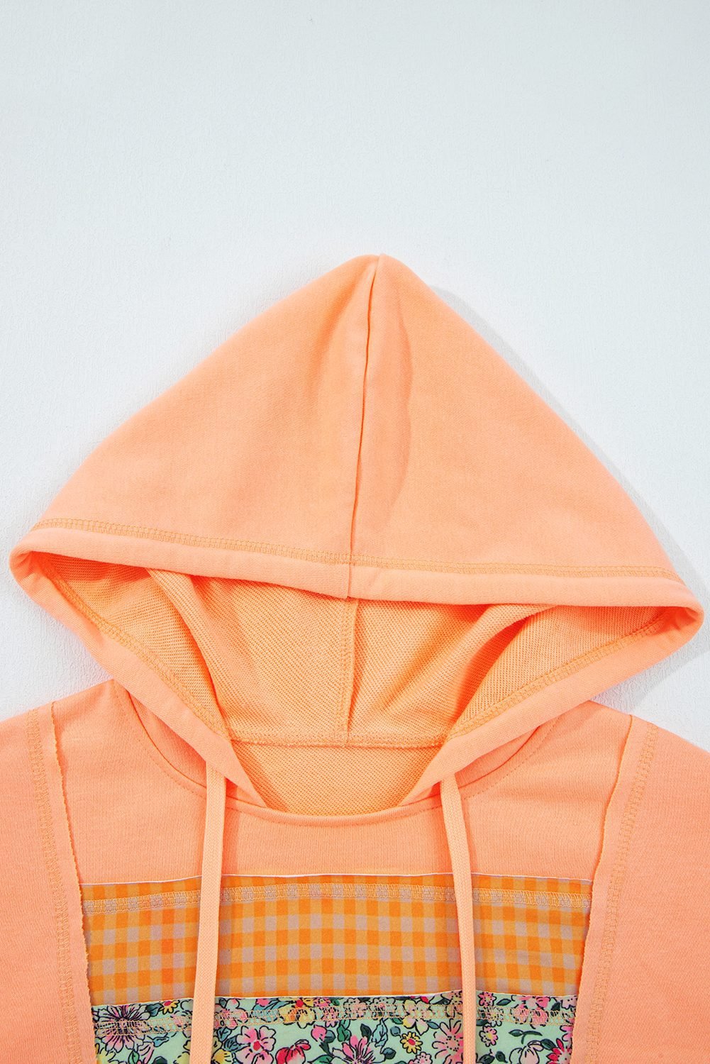 Grapefruit Orange Plaid Floral Patchwork Kangaroo Pocket Hooded Long Sleeve Top