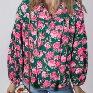 Green Floral Printed Tied Collar Puff Sleeve Blouse