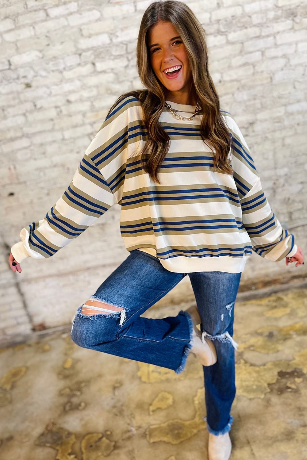 Khaki Stripe Crew Neck Drop Shoulder Pullover Sweatshirt
