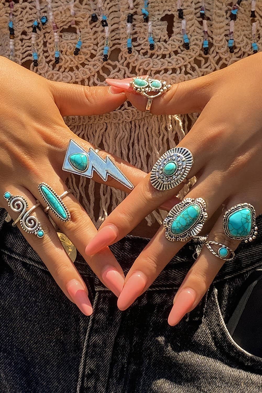 Silvery 8Pcs Turquoise Inlay Western Ring Set