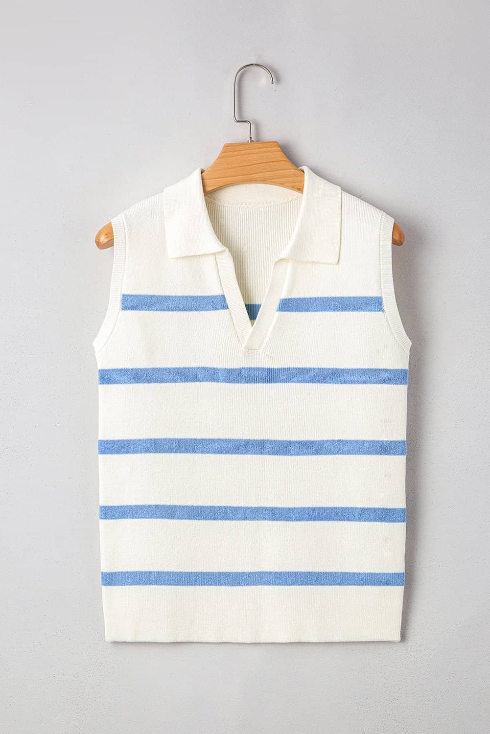 Sky Blue Stripe Split V Neck Collared Ribbed Sweater Vest