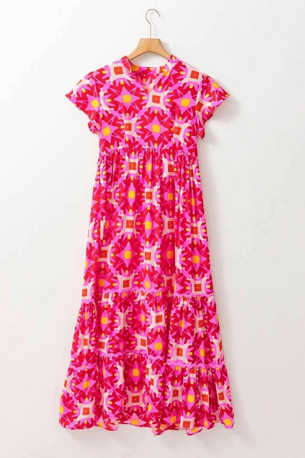 Strawberry Pink Geo Print V-Neck Maxi Dress