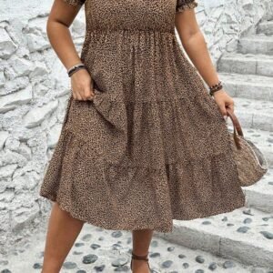 Brown Plus Size Leopard Print Frill Trim Short Sleeve Flared Dress
