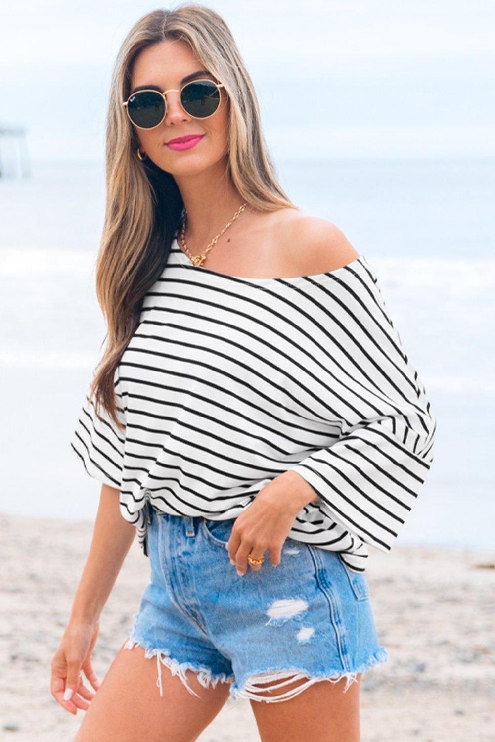Black Stripe Half Sleeve Scoop Neck Loose Top