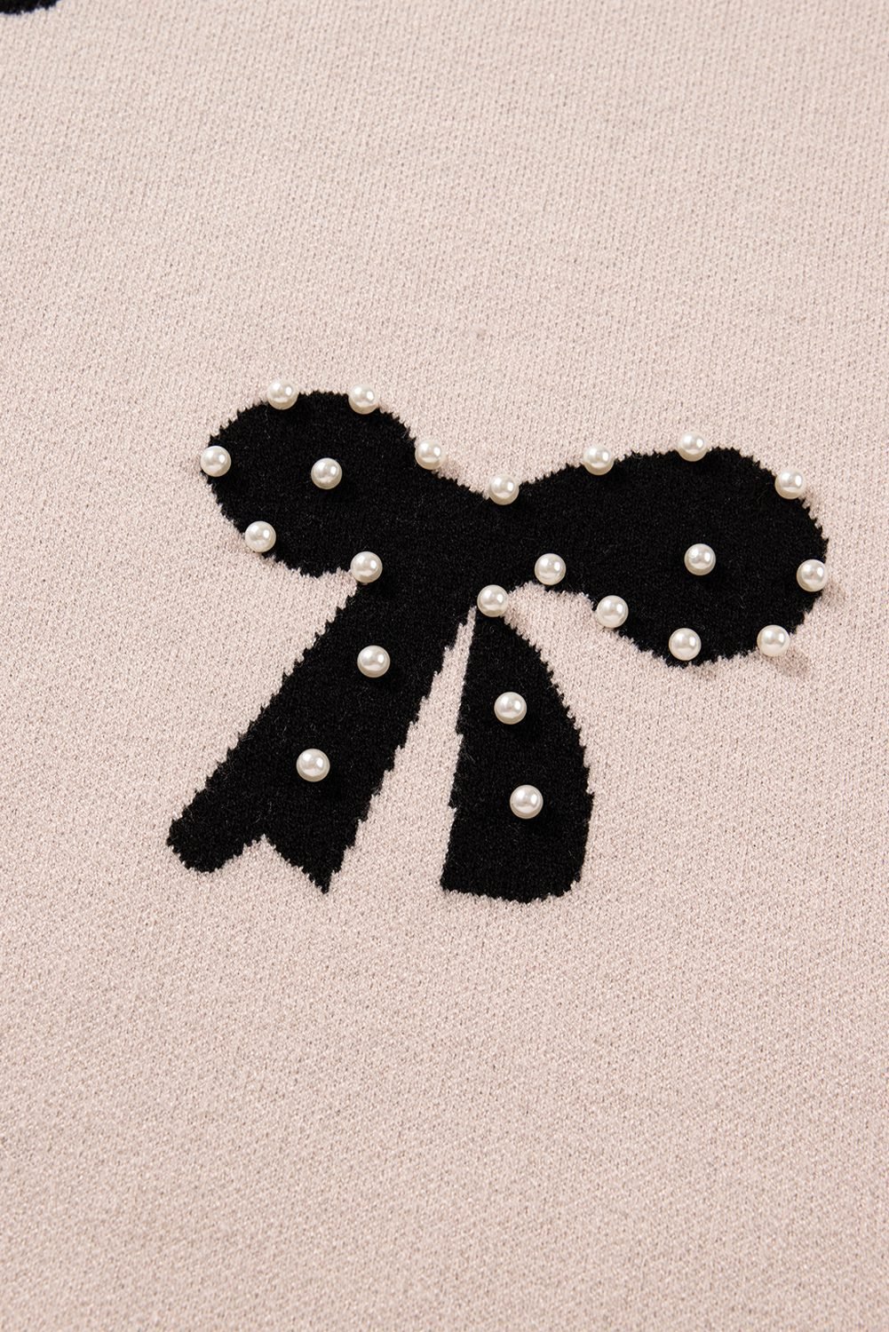 Smoke Gray Pearl Embellished Bow Pattern Loose Sweater