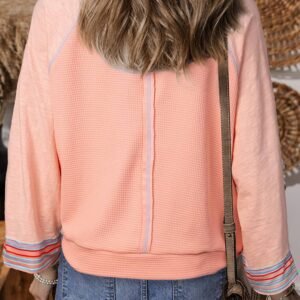 Grapefruit Orange Waffle Knit Wide Bracelet Sleeve Patchwork Raglan Top