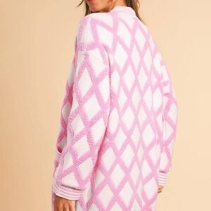 Pink Rhombus Pattern Knit Open Front Pocketed Cardigans