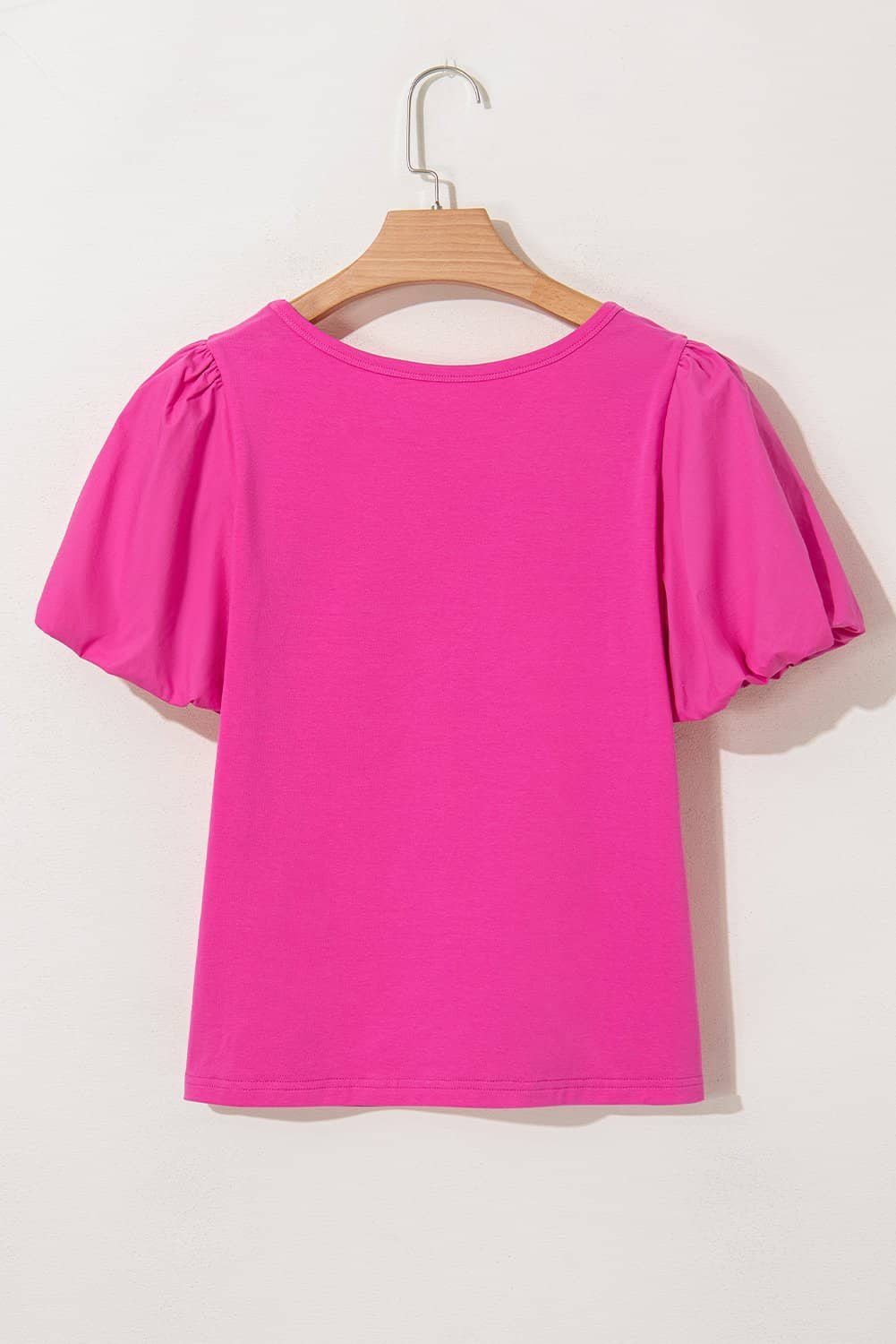 Strawberry Pink Casual Round Neck Bubble Sleeve T-Shirt