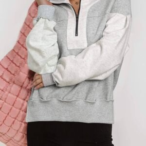 Gray Half Zipper Collared Drop Shoulder Side Slits Sweatshirt