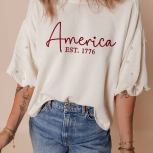 White America Est 1776 Embroidered Pearl Beaded Sleeve T Shirt