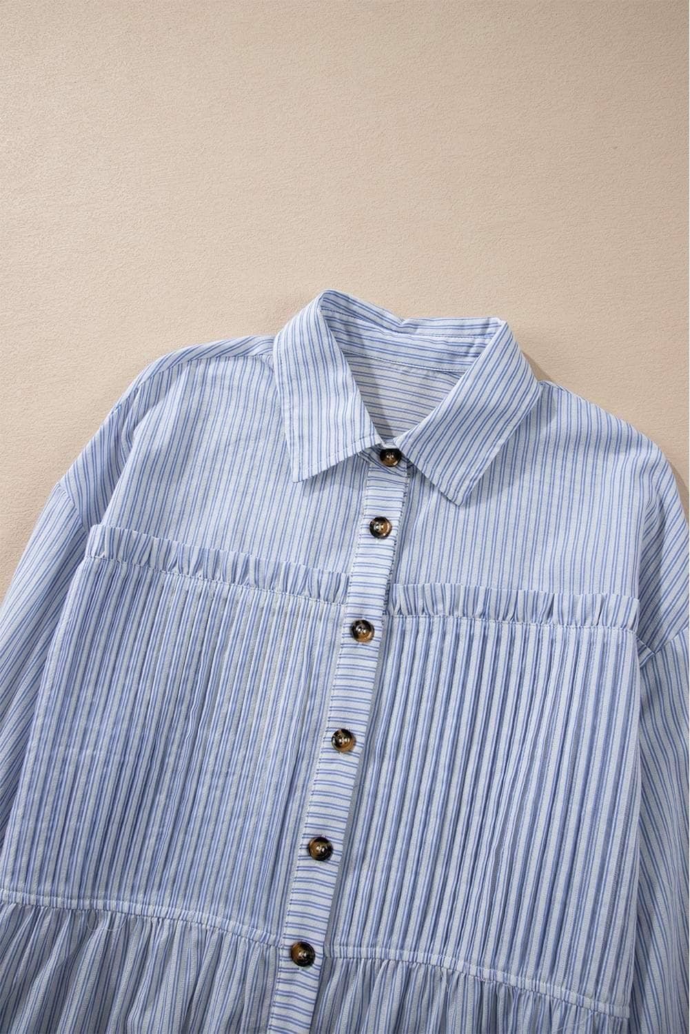 Sky Blue Stripe Ruffled Button Up Long Sleeve Shirt