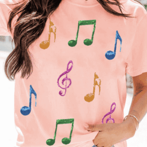Pink Music Notes Patched Graphic Casual T Shirt