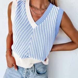 Sky Blue Contrast Chevron Knit V Neck Sweater Vest