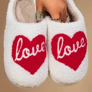 Fiery Red Valentine Love Heart Pattern Home Fuzzy Slippers