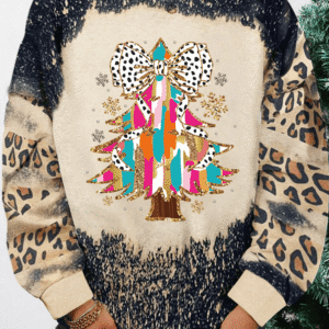 Black Christmas Tree Graphic Bleached Leopard Tie Dye Sweatshirt