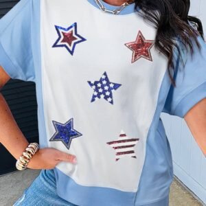 Sky Blue Patriotic Star Patched Colorblock T Shirt
