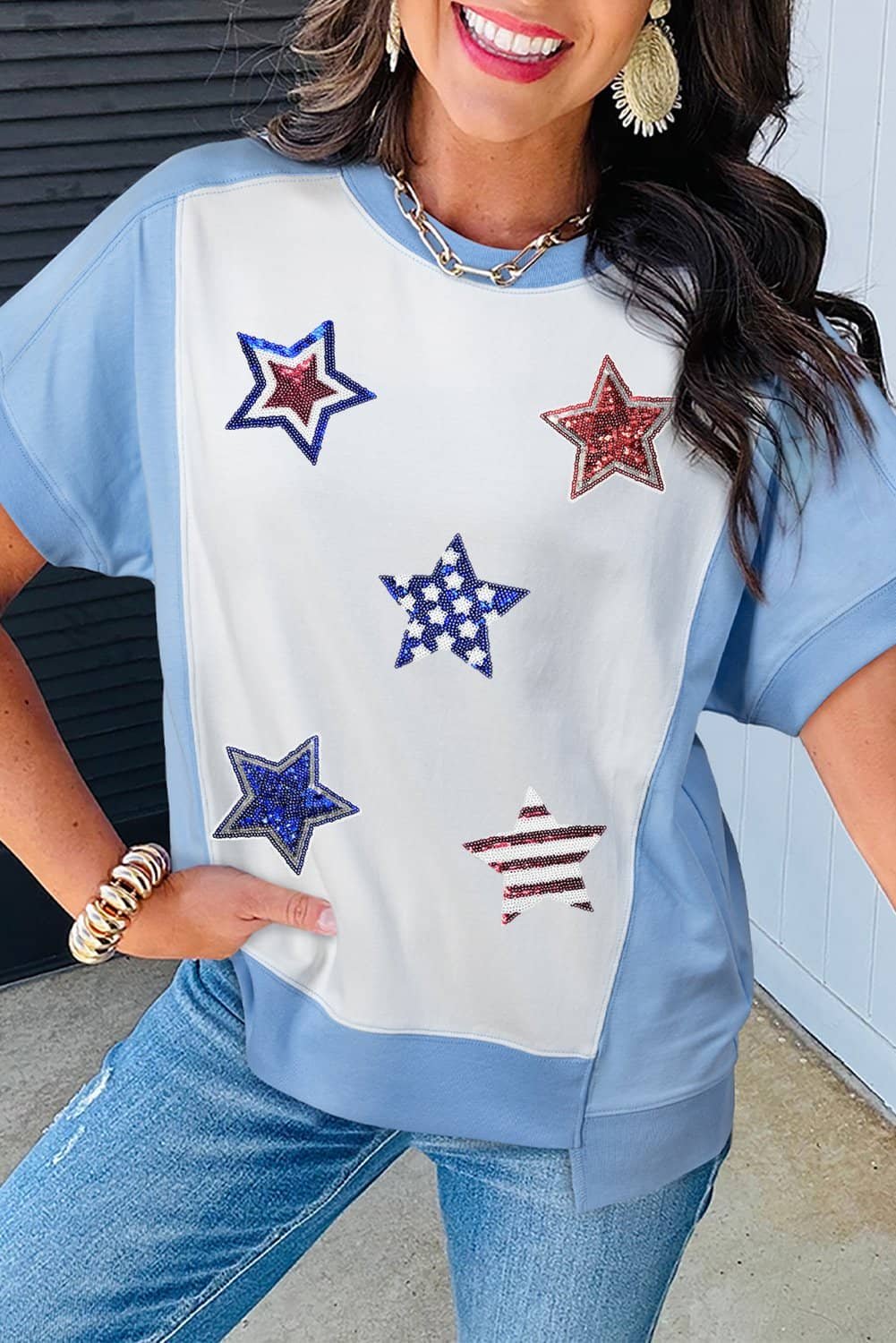 Sky Blue Patriotic Star Patched Colorblock T Shirt