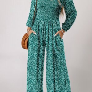 Green Floral Print Western Smocked Bodice Square Neck Wide Leg Jumpsuit