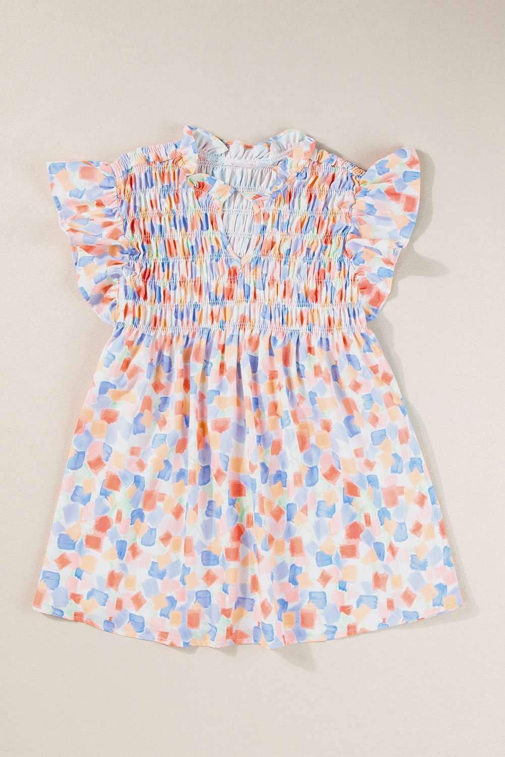 Pink Shirred Yoke Ruffled Abstract Printed Blouse