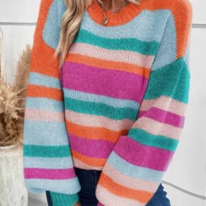 Multicolor Striped Knit Drop Shoulder Puff Sleeve Sweater