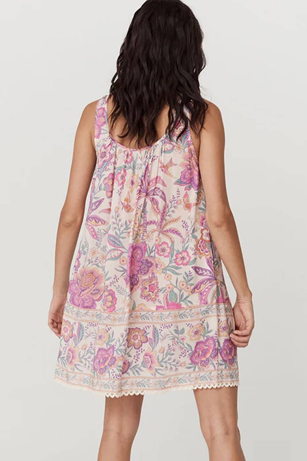 Multicolour Floral Print Fringed Tie U Neck Sleeveless Mini Dress