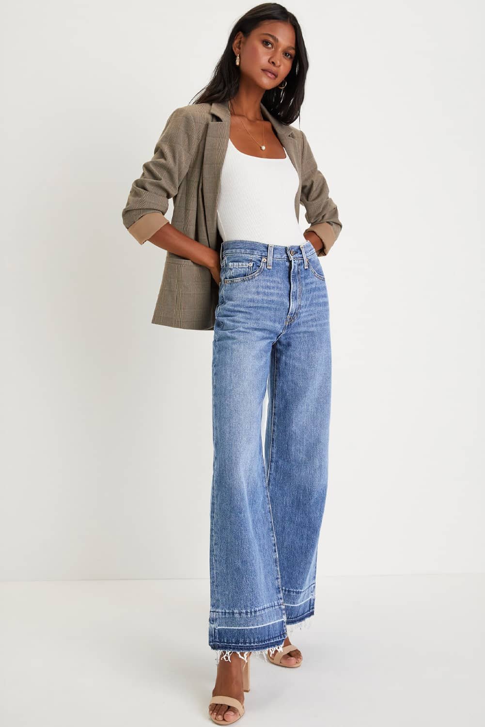Dusk Blue Raw Hem Unique Cuffs Straight High Rise Loose Jeans
