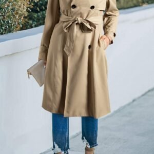 Pale Khaki Solid Color Lapel Collar Waist Tie Wind Coat