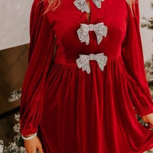 Fiery Red Bowknot Decor High Waist Velvet Mini Dress