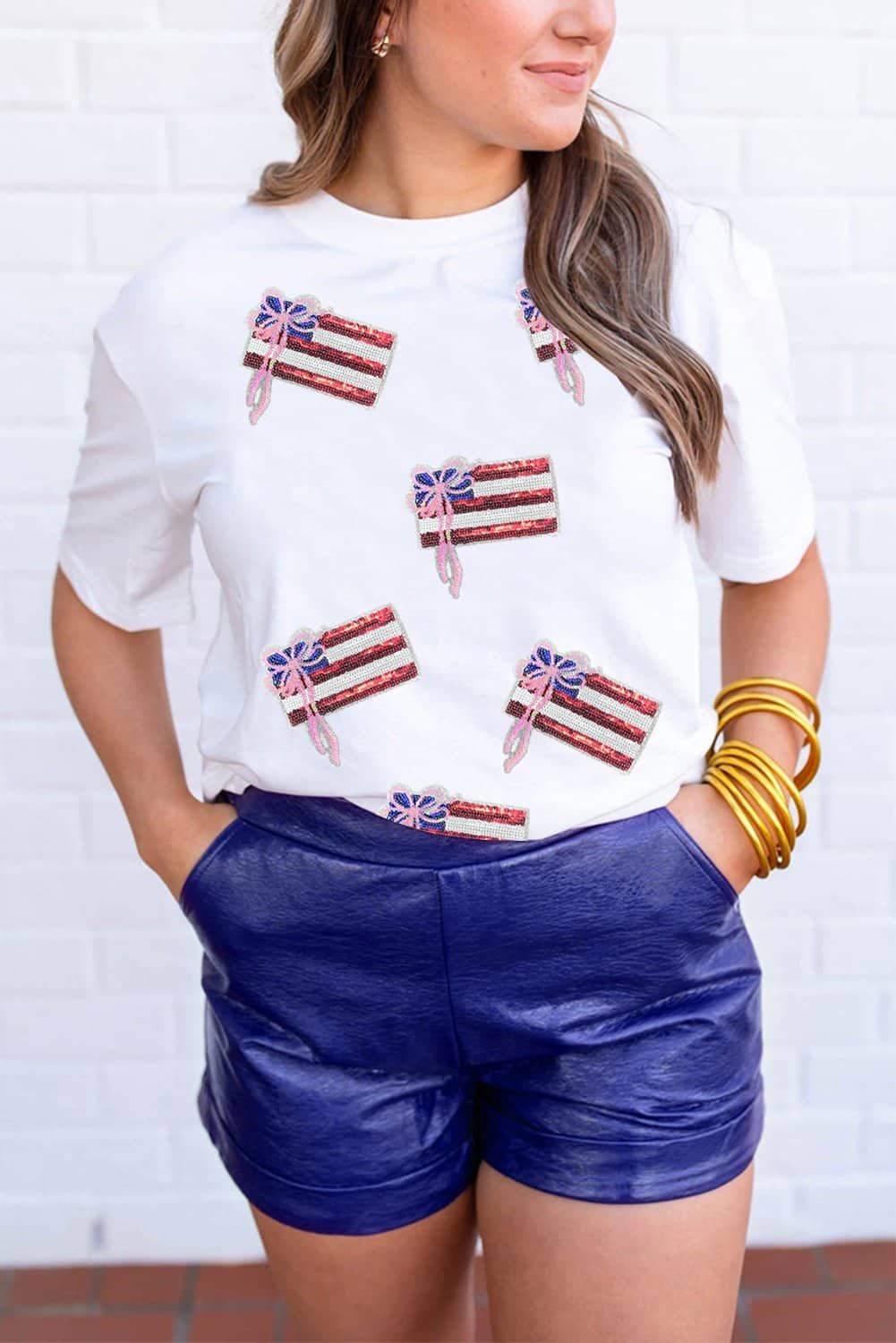 White Sequin Bow American Flag Patched T Shirt