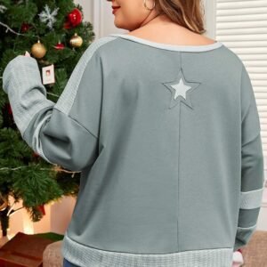 Mist Green Stars Patchwork Round Neck Plus Size T Shirt