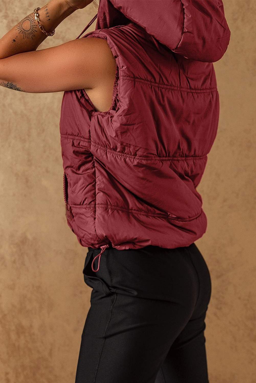 Clay Zip-Up Side Pockets Hooded Puffer Vest