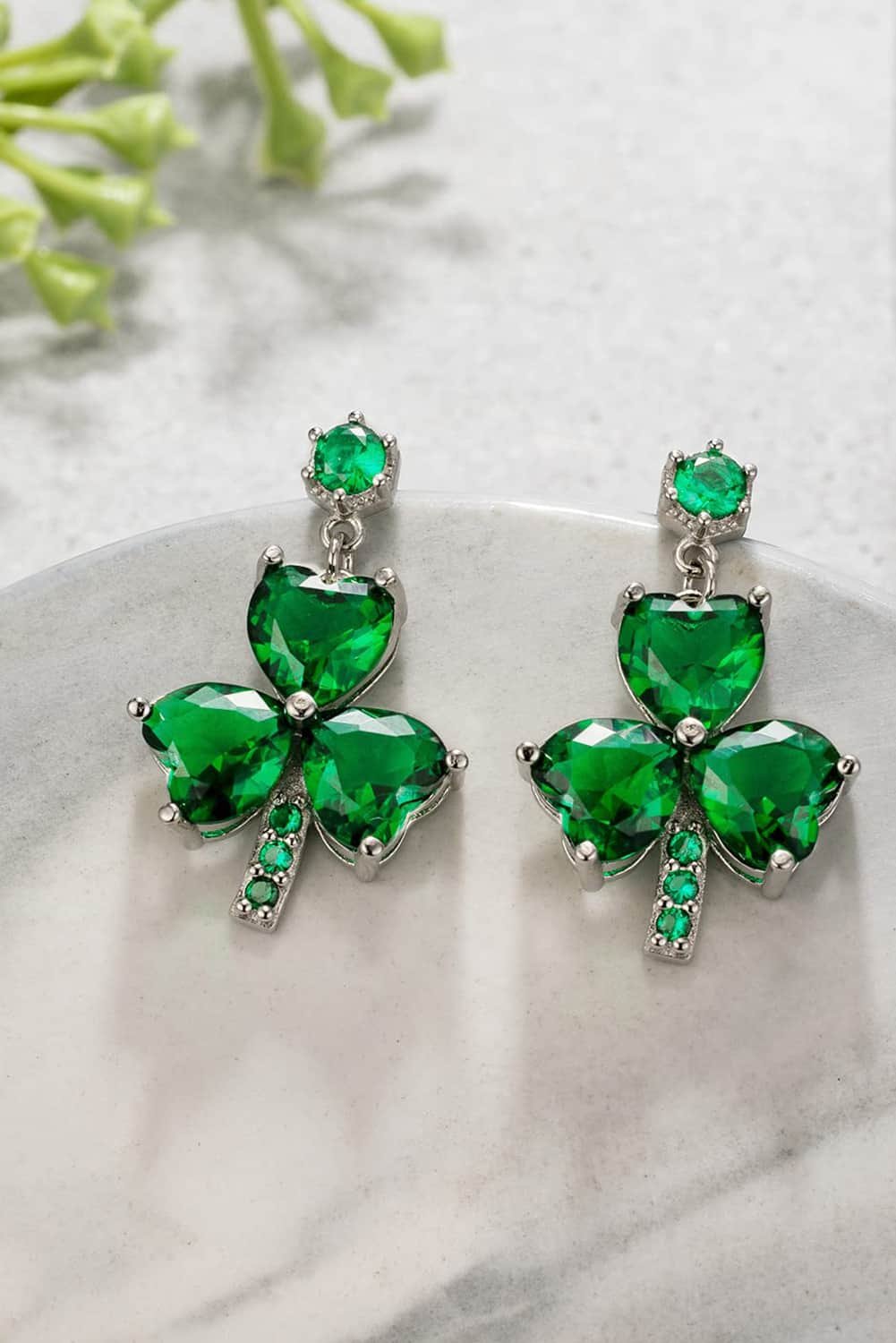 Mist Green Clover Diamond Studded Dangle Earrings