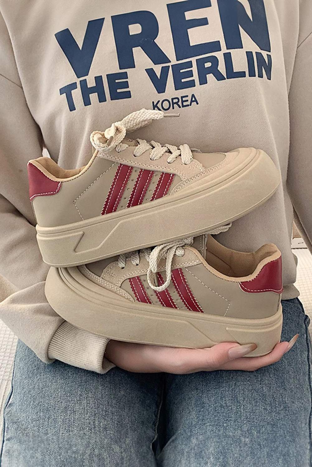 Fiery Red Retro Pu Leather Lace-Up Thick Sole Casual Shoes