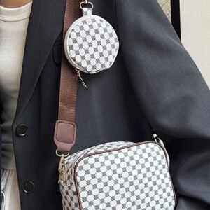 White Checkered Print Pu Leather Shoulder Bag With Coin Wallet