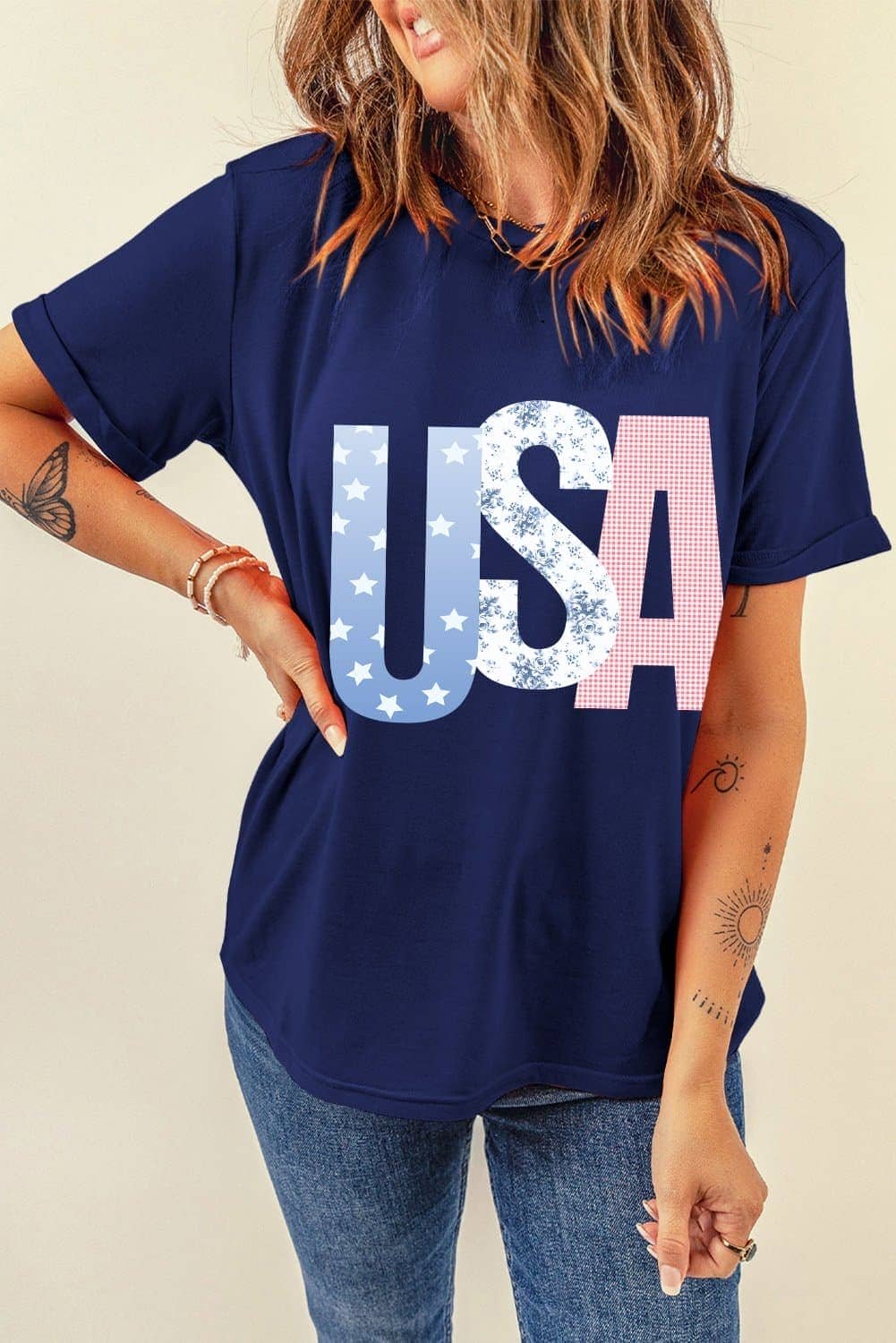 Blue Usa Graphic July 4Th Crew Neck T Shirt