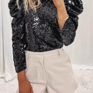 Black Sequin Mock Neck Bubble Sleeve Top