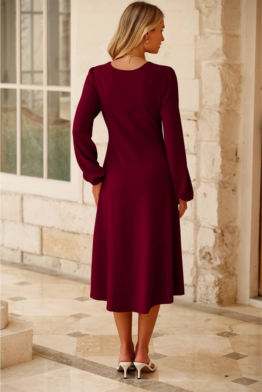 Burgundy Solid Color Ruched Detail Long Sleeve Midi Dress